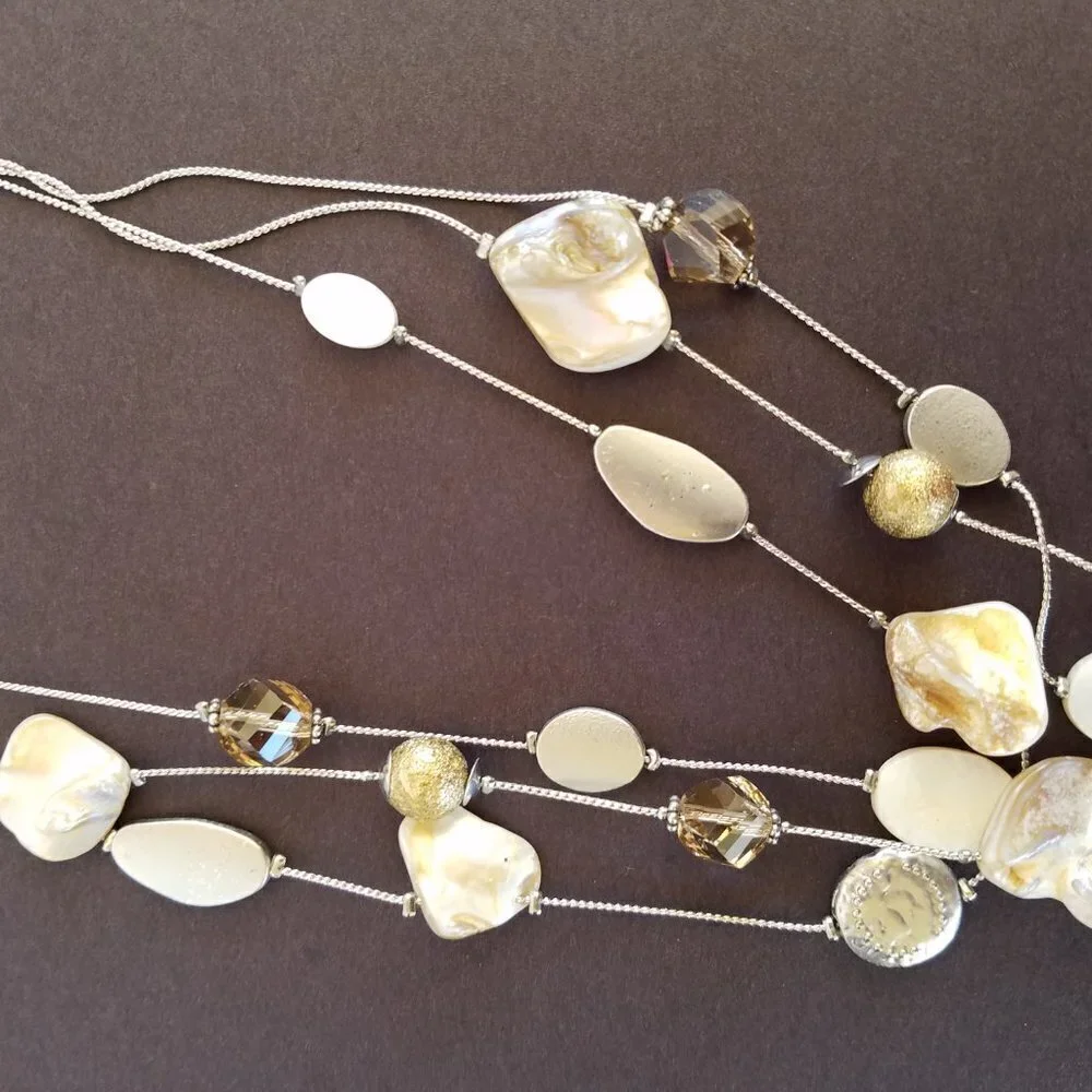 Madison Tyler Mother of Pearl Triple Strand Necklace Beige White 16” 20” plus 3”